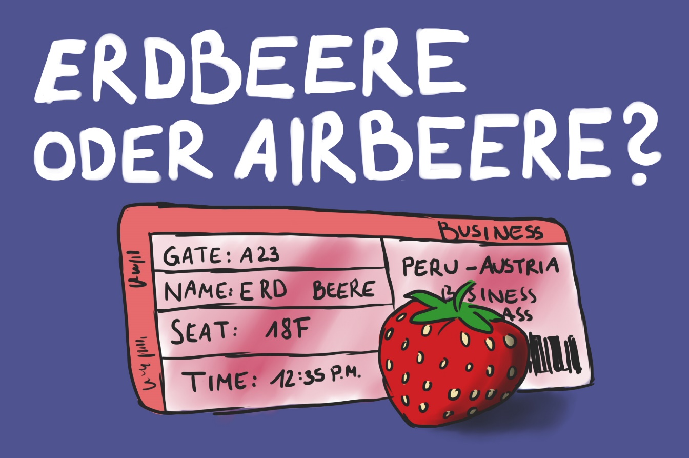 Eine Erdbeere mit eigenem Flugticket von Peru nach Österreich und dem Text "Erdbeere oder Airbeere"