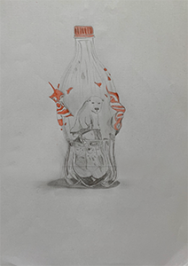 Zeichnung von einem Eisbären in einer Flasche. Der Eisbär steht auf einer schmelzenden Eisscholle, während um ihn herum Flammen toben.